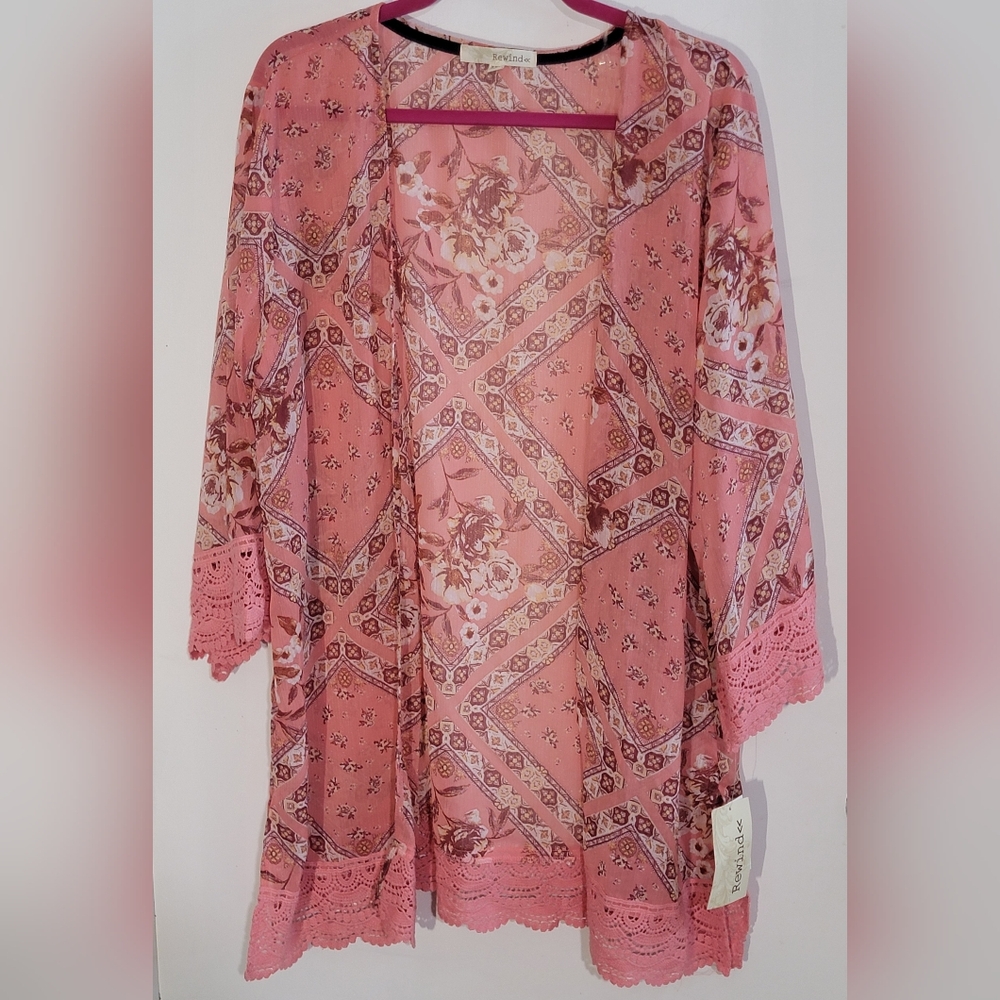 Rewind Pink Floral Crochet-Trim Open Kimono